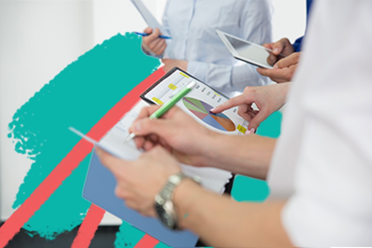 Marketing team looking at data and charts.