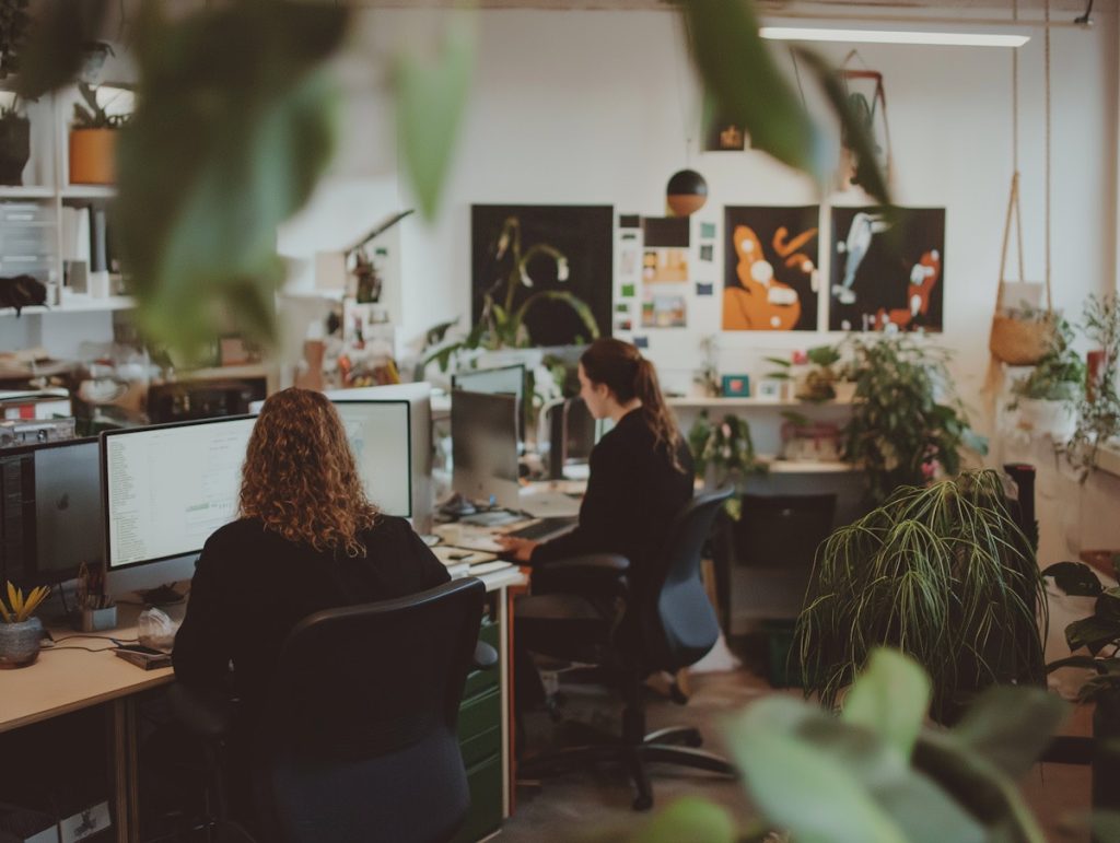 Cozy office with two women working at desks, surrounded by lush plants and creative decor, creating a warm and inviting atmosphere.